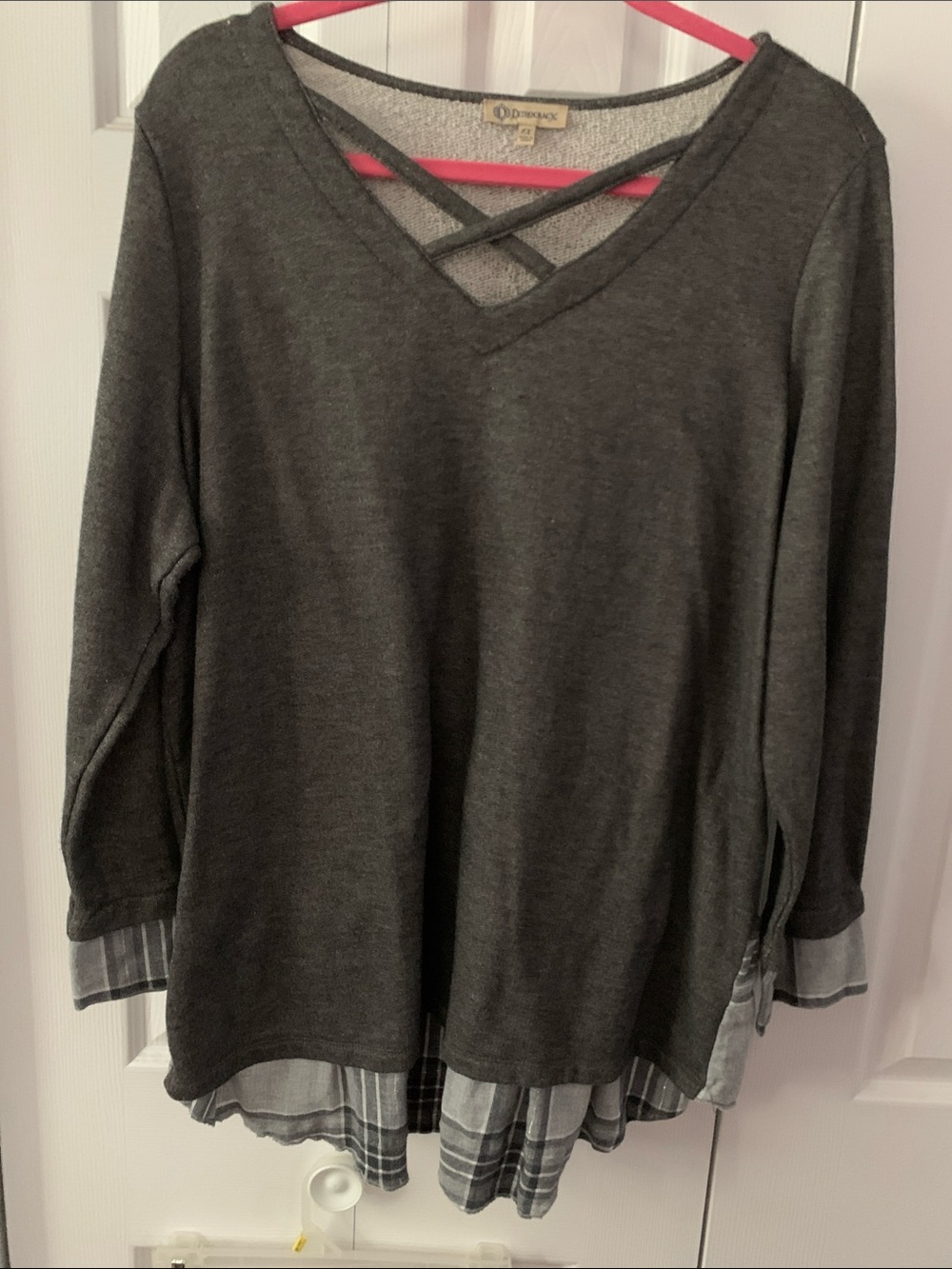 Democracy Charcoal Crisscross V-Neck Layered Hem Sweatshirt